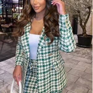 Green and White Tweed Blazer and Skirt Set